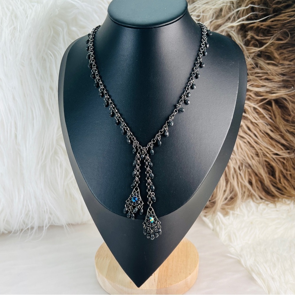 Vintage Gunmetal Black Bead Fringe Lariat Necklace Blue Iridescent Accents